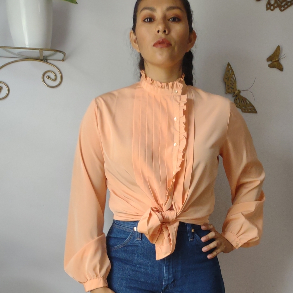Vintage melon orange ruffle pleated blouse